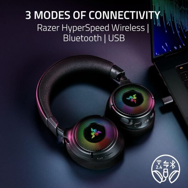 Razer Kraken V4 Wireless Gaming Headset: 2.4GHz, Bluetooth, USB - Super Wideband Mic - 40 mm Drivers - 9 Zone RGB Lighting - for PC, Mac, PS5, Nintendo Switch, Steam Deck, Smartphone - Black - Image 3