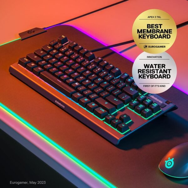 SteelSeries Apex 3 TKL RGB Gaming Keyboard – Tenkeyless Compact Form Factor - 8-Zone RGB Illumination – IP32 Water & Dust Resistant – Whisper Quiet Gaming Switch – Gaming Grade Anti-Ghosting - Image 2