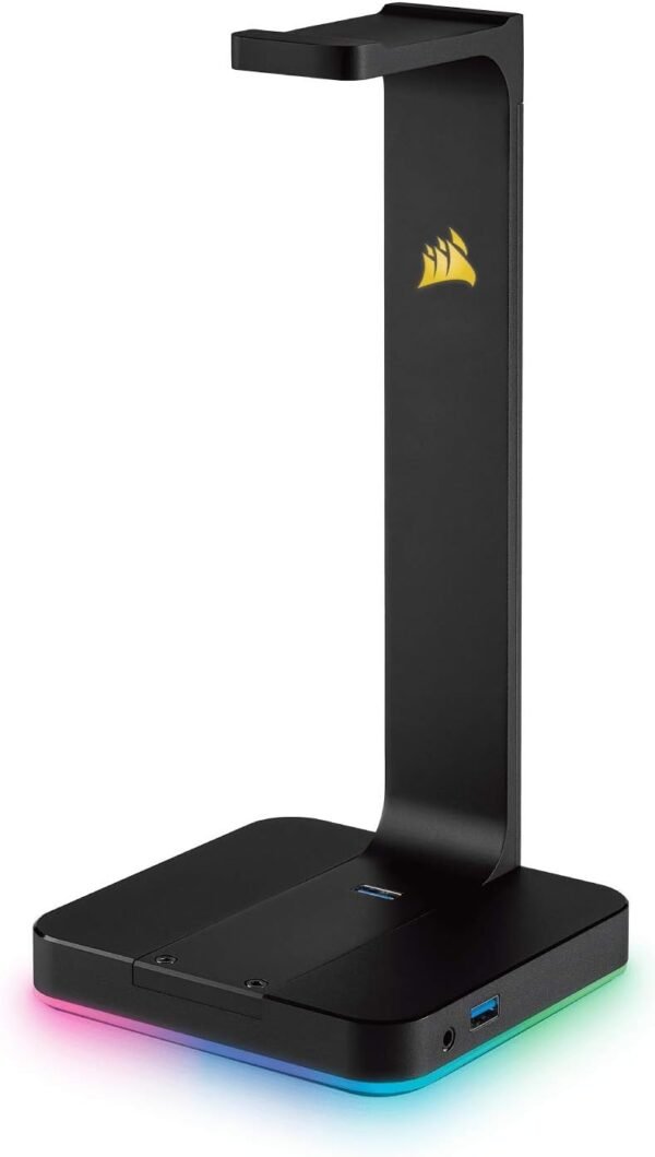 Corsair ST100 RGB Premium Headphones/Headset Stand (Durable Aluminium Construction, Dynamic 9 Zone RGB Lighting, Built-In 3.5 mm Analog Input with Virtual 7.1 Surround, Dual USB, Black