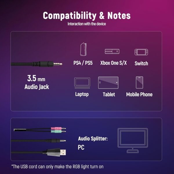 Gaming Headset Stereo Surround Sound Gaming Headphones with Breathing RGB Light & Adjustable Mic for PS4 PS5 PC Xbox One Laptop Mac - Image 6