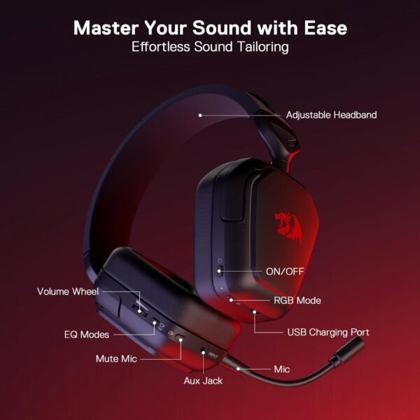 Redragon H868 3-Mode Wireless RGB Gaming Headset, 7.1 Surround Sound, 40 mm Drivers, Leather Foam Ear Pads, Noise-canceling Microphone, Over-Ear Headphones Works for Mobile, PC/PS5/XBOX/NS - Image 5