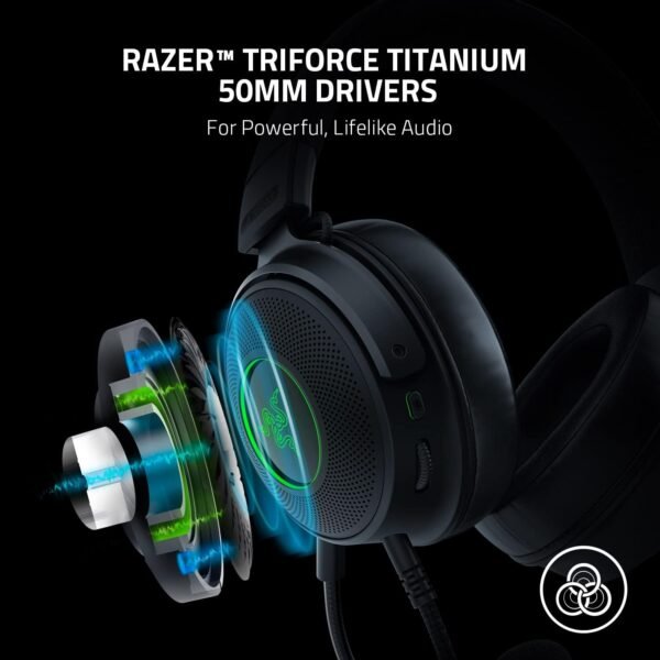 Razer Kraken V3 Wired USB Gaming Headset: Triforce Titanium 50mm Drivers - THX Spatial Audio - Chroma RGB Lighting - Hybrid Fabric & Leatherette Memory Foam Cushions - Detachable HyperClear Mic - Image 2