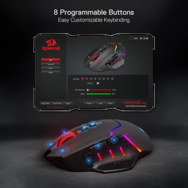 Redragon M690 PRO Wireless Gaming Mouse, 8000 DPI Wired/Wireless Gamer Mouse w/Rapid Fire Key, 8 Macro Buttons, Ergonomic Design for PC/Mac/Laptop, Black - Image 8