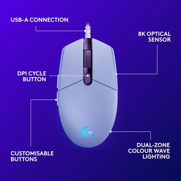 Logitech G203 LIGHTSYNC Gaming Mouse with Customizable RGB Lighting, 6 Programmable Buttons, Gaming Grade Sensor, 8K DPI Tracking, Lightweight - Lilac - Image 8