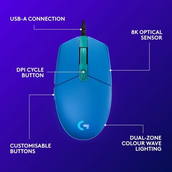 Logitech G203 LIGHTSYNC Gaming Mouse with Customizable RGB Lighting, 6 Programmable Buttons, Gaming Grade Sensor, 8K DPI Tracking, Lightweight - Blue - Image 7