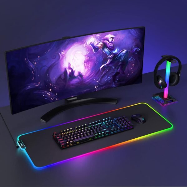 Hcman RGB Gaming Mouse Mat Pad, Large Thick (800×300×4mm) XXXL Extended Led Mousepad with Non-Slip Rubber Base, Soft Computer Keyboard Mice Mat for Macbook, PC, Laptop, Desk - Black - Image 3