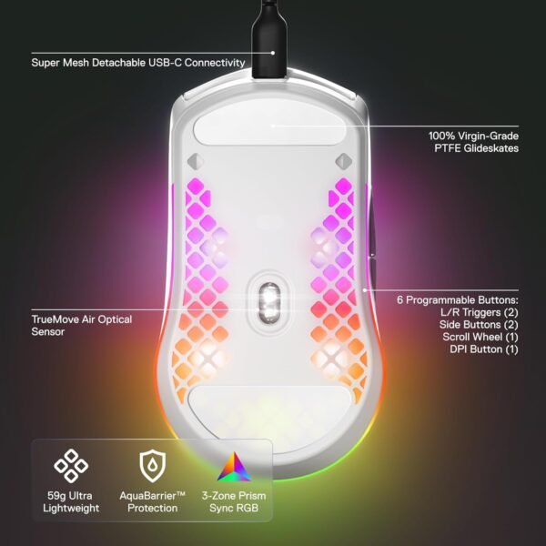 SteelSeries Aerox 3 - Holey RGB Gaming Mouse - Ultra-lightweight Water Resistant Design - 8,500 DPI TrueMove Core Optical Sensor - Snow - Image 4