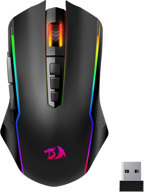 Redragon M914P Wireless Gaming Mouse, Tripe-Mode 2.4G/USB-C/Bluetooth Mouse Up to 12000DPI, RGB Backlit, 9 Programmable Buttons, Rechargeable Wireless Mouse, Ergonomic Mouse for PC/Mac Gamer-Black