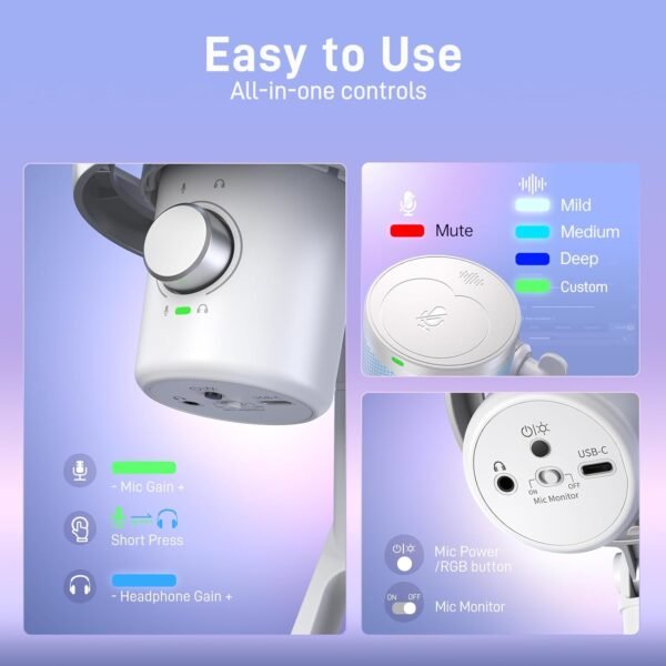 MAONO Microphone Wireless for PC, USB Microphone with Software AI Voice Change, Three-Level Noise Cancellation, Custom RGB Light, Mute, for Gaming, Podcasting, Streaming, Recording, DM40 Pro White - Image 8