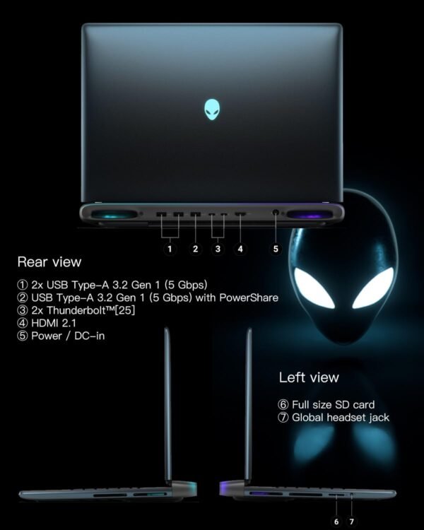 Alienware 18-inch Area-51 Gaming Laptop - GeForce RTX 5080 16GB GDDR7 18" QHD+ 300Hz Intel Ultra 9 275HX AlienFX RGB Lighting Wi-Fi 7 Ai NPU Quad Fan Cooling, Win 11PRO(64GB DDR5, 4TB SSD) - Image 8