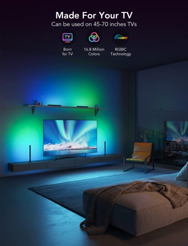 Govee RGBIC TV Light Bars, 38cm WiFi TV Backlight with Double Light Beads, Smart Lighting with Multiple Placement Options Suitable for 45-70inch Television, Work with Alexa and Google Assistant, Black - Image 3
