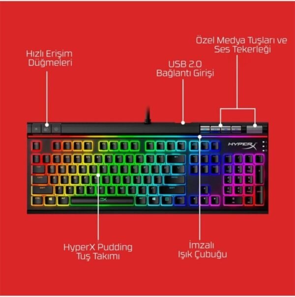 HyperX Alloy Elite 2 – Mechanical Gaming Keyboard, Red Linear Switch, Software-Controlled Light & Macro Customization, ABS Pudding Keycaps, Media Controls, RGB LED Backlit (UK Layout) - Image 2