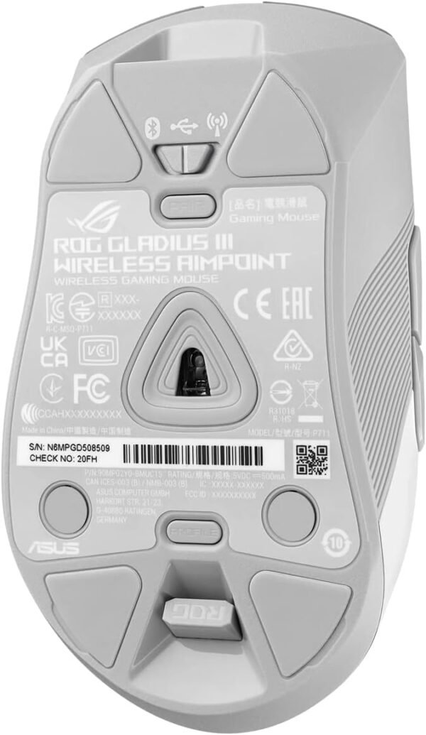 ASUS ROG Gladius III Wireless AimPoint Gaming Mouse, Connectivity (24GHz RF, Bluetooth, Wired), 36000 DPI sensor, 6 programmable buttons, ROG SpeedNova, Replaceable switches, Paracord cable, White - Image 11