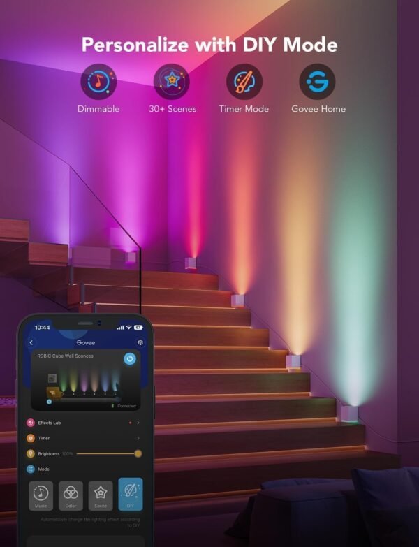 Govee Cube Wall Sconces, RGBIC LED Wall Light Works with Alexa, WiFi Smart Lights for Room Decor, Colour Changing Indoor Lamp Fixture for Bedroom Dining Room, Music Sync, Adjustable Cables - Image 4
