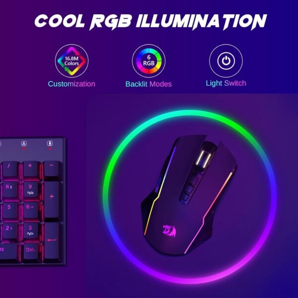 Redragon M914P Wireless Gaming Mouse, Tripe-Mode 2.4G/USB-C/Bluetooth Mouse Up to 12000DPI, RGB Backlit, 9 Programmable Buttons, Rechargeable Wireless Mouse, Ergonomic Mouse for PC/Mac Gamer-Black - Image 3