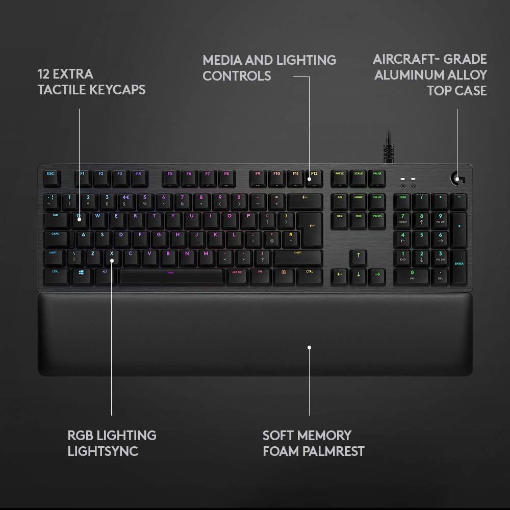 Logitech G513 Mechanical Gaming Keyboard with Palm Rest, RGB LIGHTSYNC, GX Brown Tactile Key Switches, Brushed Aluminum Case, Customizable F-Keys, USB Pass Through, QWERTY UK Layout - Carbon/Black - Image 7