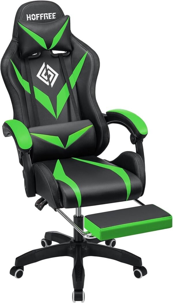HOFFREE Gaming Chair with Bluetooth Speakers and Led Lights Massage Computer Gamer Chair with Footrest Ergonomic Video Game Chair for Adults Green and Black - Image 5