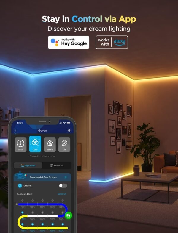 Govee RGBIC LED Strip Light with Covers, 5M Glide Wall Light Work with Alexa & Google Assistant, LED Profile with Strip for Bedroom, Skirting, Cabinet - Image 6
