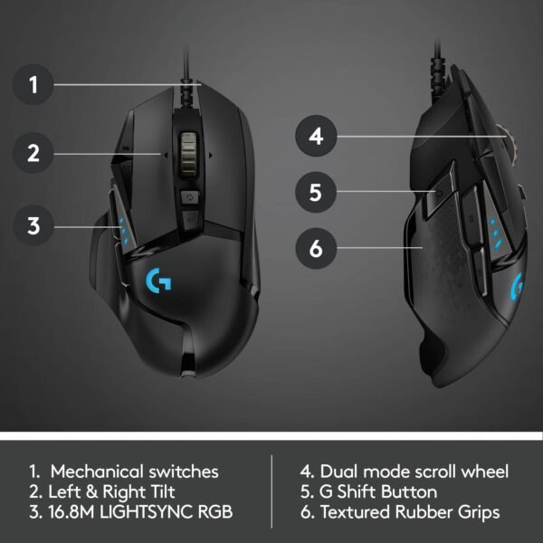 Logitech G G502 HERO High Performance Wired Gaming Mouse, HERO 25K Sensor, 25,600 DPI, RGB, Adjustable Weights, 11 Programmable Buttons, On-Board Memory, PC/Mac - Black - Image 6