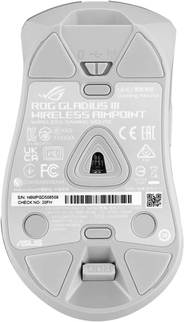 ASUS ROG Gladius III Wireless AimPoint Gaming Mouse, Connectivity (24GHz RF, Bluetooth, Wired), 36000 DPI sensor, 6 programmable buttons, ROG SpeedNova, Replaceable switches, Paracord cable, White - Image 12