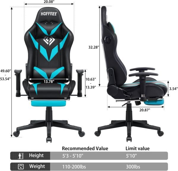 HOFFREE Gaming Chair with Bluetooth Speakers and LED Lights, Gaming Chair with Reclining Footrest, High Back Computer Gaming Chair - Blue and Black - Image 3