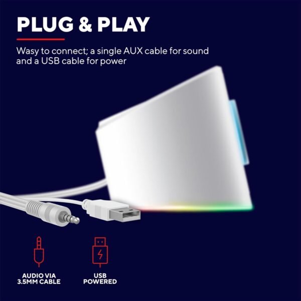 Trust Gaming GXT 619W Thorne PC Soundbar, 12W Peak Power, RGB Lighting, PC Speakers AUX 3.5 mm Jack, USB Powered Sound Bar, Compact Stereo Speaker for Computer, Desktop, Laptop - White - Image 5