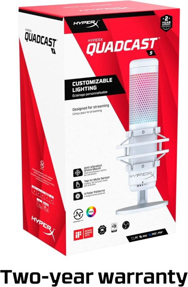 HyperX QuadCast S – RGB USB Condenser Microphone for PC PS5 Mac Anti-Vibration Shock Mount 4 Polar Patterns Pop Filter Gaming, Streaming, Podcasts, Twitch, YouTube, Discord – White (Renewed) - Image 8