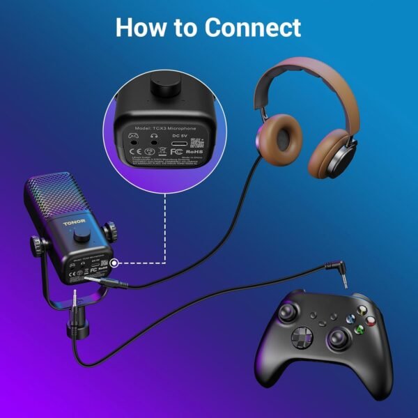 TONOR TCX3+ Gaming Mic Compatible with Xbox, RGB Streaming Microphone with Boom Arm 30H Battery Life,Low Noise, Monitoring, Gain Control,One Tap Mute, Fast Charging,Compatible with Capture Card,Black - Image 3