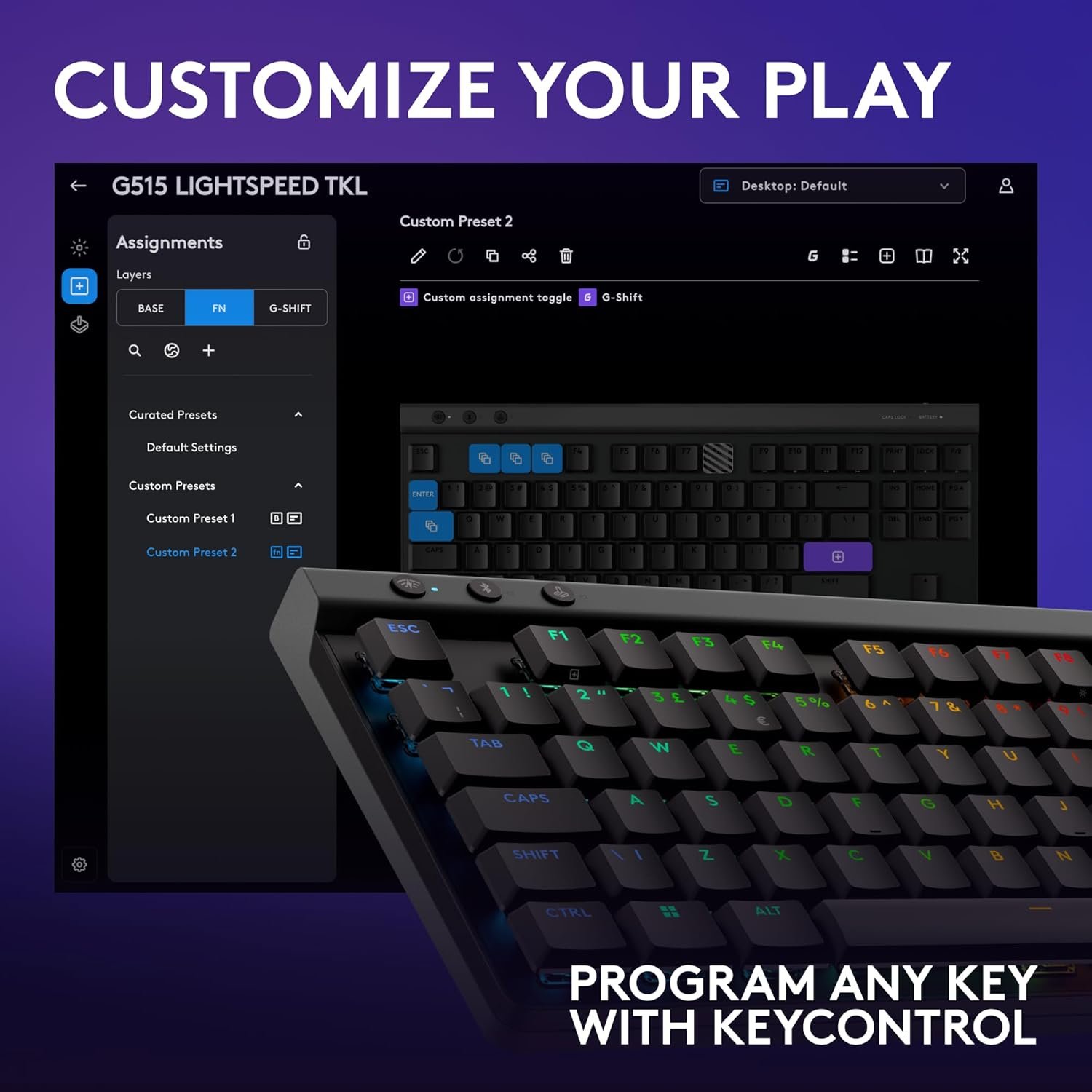Logitech G G515 LIGHTSPEED TKL Low Profile Wireless Gaming Keyboard, LIGHTSYNC RGB, Thin Tenkeyless Design, PBT Keycaps, Tactile Mechanical Switches, QWERTY UK English Layout - Black - Image 7