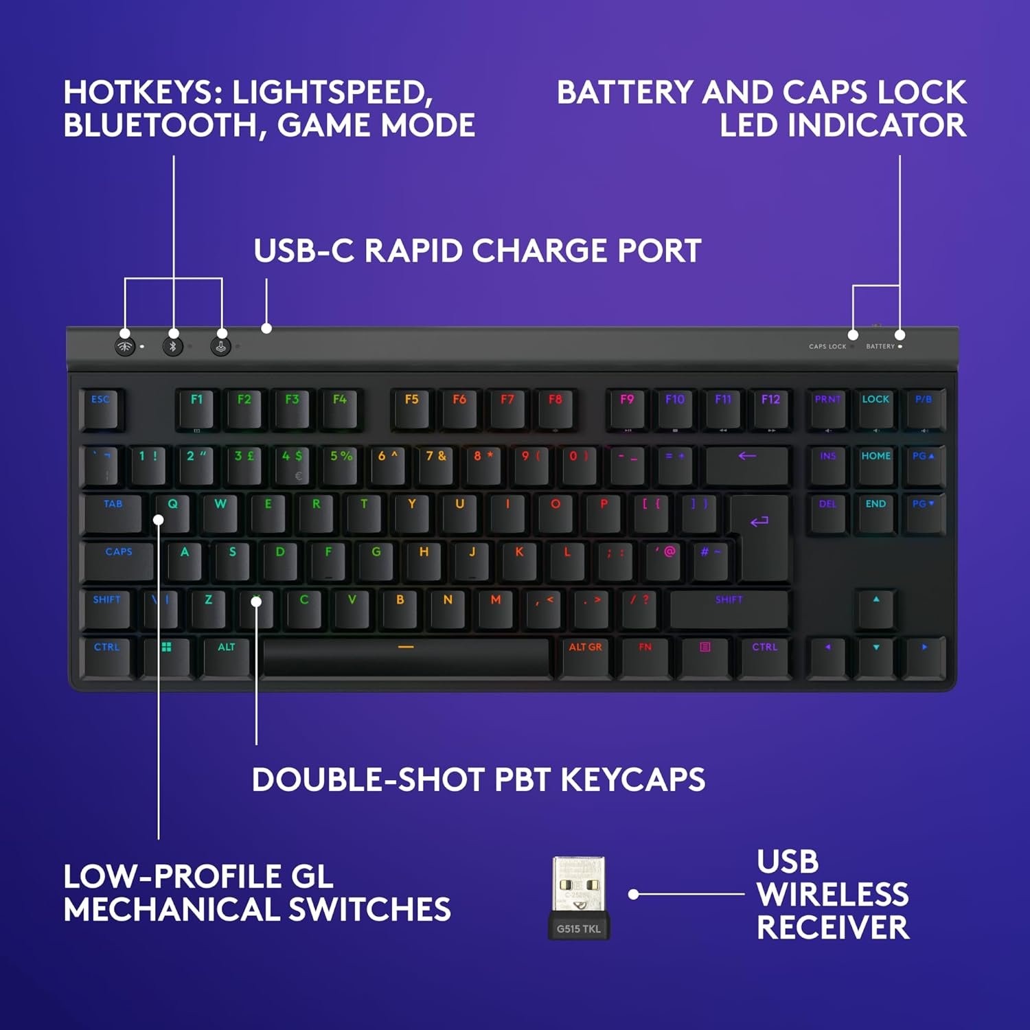 Logitech G G515 LIGHTSPEED TKL Low Profile Wireless Gaming Keyboard, LIGHTSYNC RGB, Thin Tenkeyless Design, PBT Keycaps, Tactile Mechanical Switches, QWERTY UK English Layout - Black - Image 6