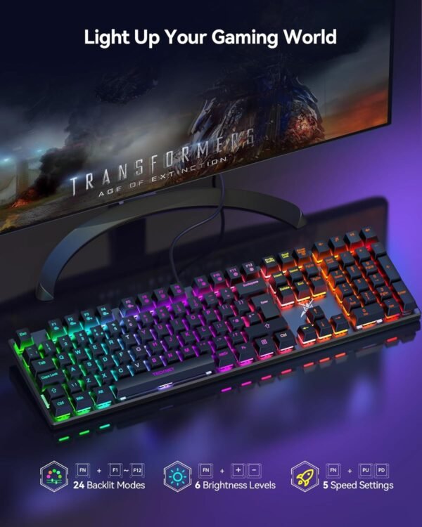 TECKNET Mechanical Gaming Keyboard - Red Switches Mechanical Keyboard with 109 Keys, 24 LED Lighting Modes, Fully Programmable Keys & Anti-Ghosting for Gaming, PC, Windows, Gamer, Office, UK Layout - Image 2