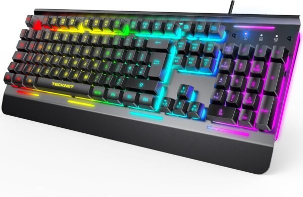 TECKNET RGB Gaming Keyboard UK Layout, USB Wired Computer Keyboard with 15-Zone RGB Illumination, All-Metal Panel, 25 Anti-ghosting Keys, 105 Keys, IP32 Water & Dust Resistant, 90% Quiet Keyboards