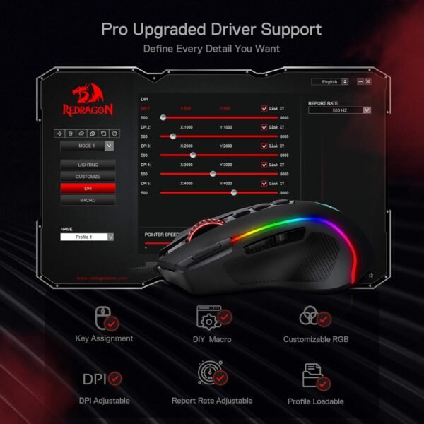 Redragon M612 Predator RGB Gaming Mouse, 8000 DPI Wired Optical Gamer Mouse with 11 Programmable Buttons & 5 Backlit Modes, Software Supports DIY Keybinds Rapid Fire Button - Image 8