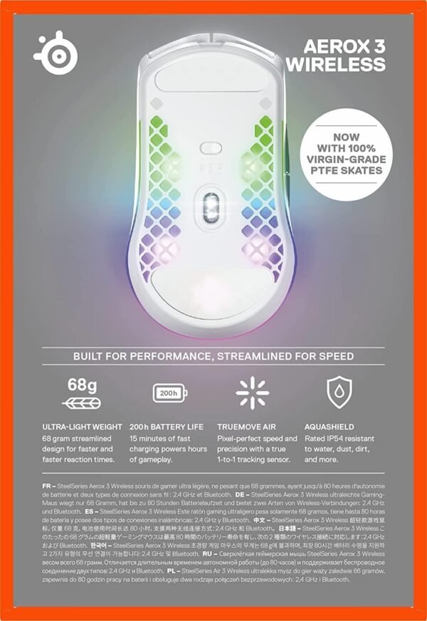 SteelSeries Aerox 3 Wireless - Holey RGB Gaming Mouse - Ultra-lightweight Water Resistant Design - 18K DPI TrueMove Air Optical Sensor - Lag-free 2.4GHz / Bluetooth Wireless - Snow - Image 10