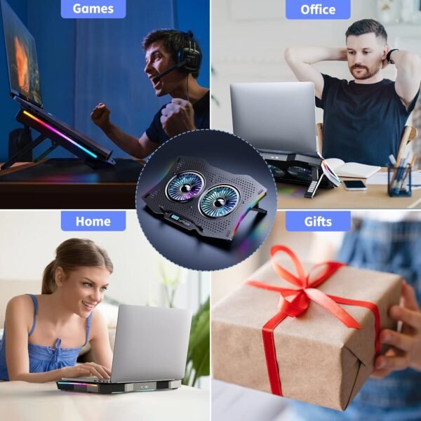 TECKNET RGB Laptop Cooler,LED Display,7-Height Levels,10 Lighting Modes,Gaming Laptop Cooling Pad,6-Speed Fan Control,Laptop Cooling Stand,2 USB Ports,for 9''-17'' Notebooks (Black) - Image 6
