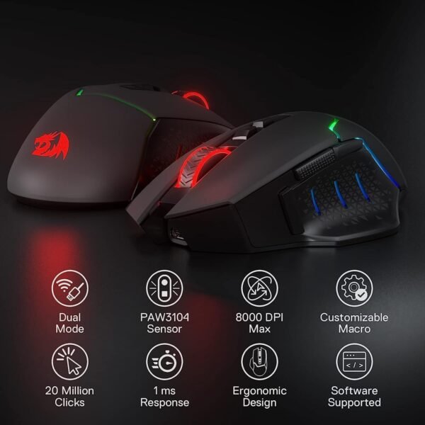 Redragon M690 PRO Wireless Gaming Mouse, 8000 DPI Wired/Wireless Gamer Mouse w/Rapid Fire Key, 8 Macro Buttons, Ergonomic Design for PC/Mac/Laptop, Black - Image 3