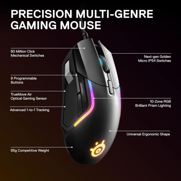 SteelSeries Rival 5 - Gaming Mouse – FPS, MOBA, MMO, Battle Royale – 18,000 CPI TrueMove Air Optical Sensor – 9 Programmable Buttons – 85 g Competitive Weight, Black - Image 5