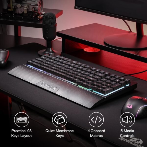 Redragon K515 SHIVA RGB Membrane Gaming Keyboard, 98 Keys Mechanical-Feel Keyboard w/Smooth Linear Switch, On-Board Macro & Dedicated Multimedia Keys, Detachable Wrist Rest, Software Supported - Image 2
