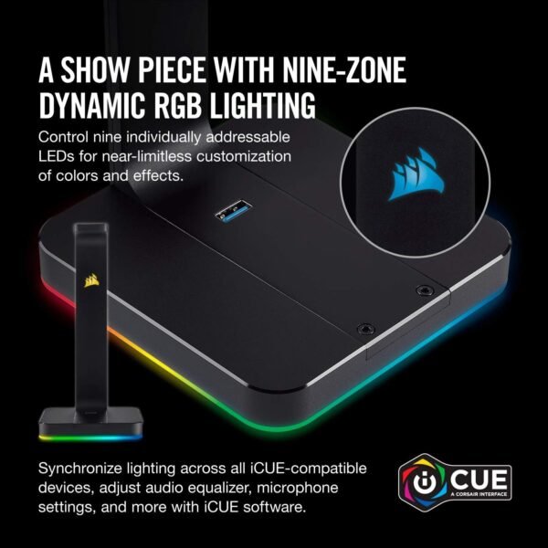 Corsair ST100 RGB Premium Headphones/Headset Stand (Durable Aluminium Construction, Dynamic 9 Zone RGB Lighting, Built-In 3.5 mm Analog Input with Virtual 7.1 Surround, Dual USB, Black - Image 3