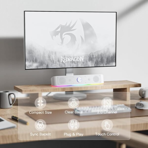 Redragon GS560 RGB Desktop Soundbar, 2.0 Channel Computer Speaker with Dynamic Lighting Bar Audio-Light Sync/Display, Touch-Control Backlit with Volume Knob, USB Powered w/ 3.5mm Cable, White - Image 2