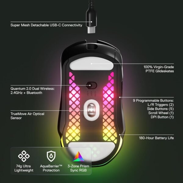 SteelSeries Aerox 5 Wireless - Holey RGB Gaming Mouse - Ultra-lightweight Water Resistant Design - 9 Buttons - Lag-free 2.4GHz / Bluetooth Wireless - 18K DPI TrueMove Air Optical Sensor - Image 3