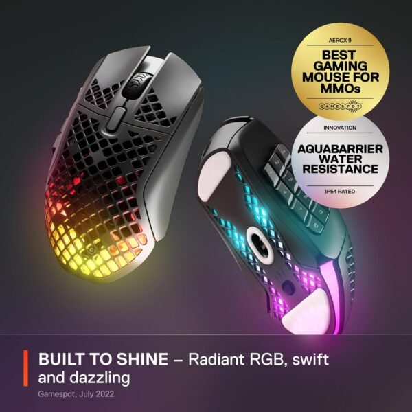 SteelSeries Aerox 9 Wireless - Holey RGB Gaming Mouse - Ultra-lightweight Water Resistant Design - 18 Programmable Buttons - Lag-free 2.4GHz / Bluetooth Wireless - 18K DPI TrueMove Air Optical Sensor - Image 2