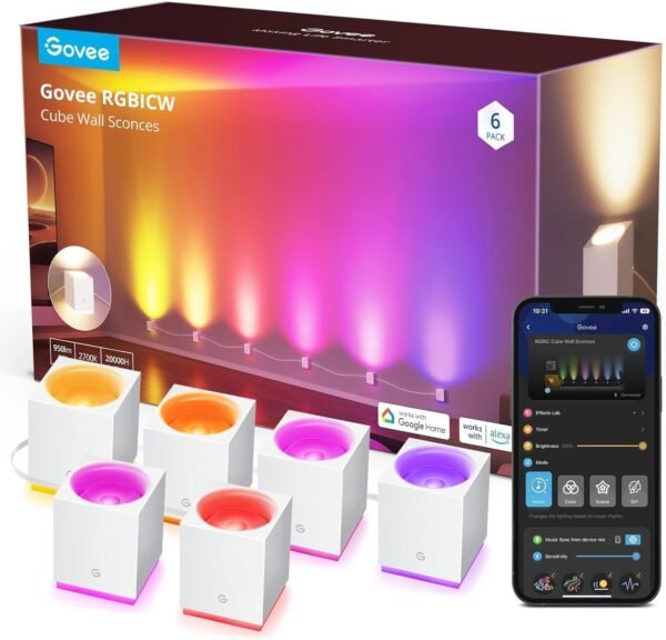 Govee Cube Wall Sconces, RGBIC LED Wall Light Works with Alexa, WiFi Smart Lights for Room Decor, Colour Changing Indoor Lamp Fixture for Bedroom Dining Room, Music Sync, Adjustable Cables