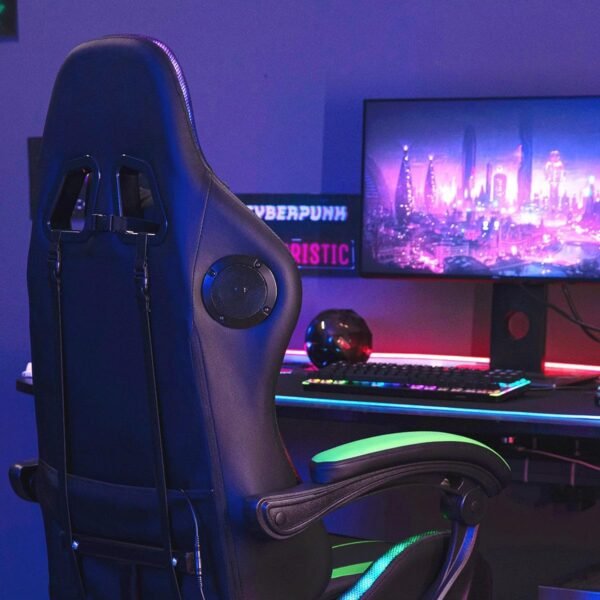 HOFFREE Gaming Chair with Bluetooth Speakers and Led Lights Massage Computer Gamer Chair with Footrest Ergonomic Video Game Chair for Adults Green and Black - Image 3