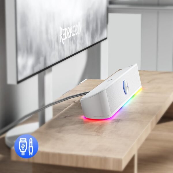 Redragon GS560 RGB Desktop Soundbar, 2.0 Channel Computer Speaker with Dynamic Lighting Bar Audio-Light Sync/Display, Touch-Control Backlit with Volume Knob, USB Powered w/ 3.5mm Cable, White - Image 8