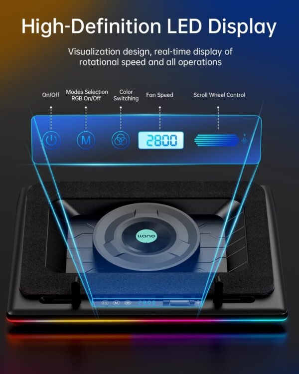 llano RGB Laptop Cooling Pad with Powerful Turbofan Gaming Cooler Radiator with Infinitely Variable Speed, Touch Control, LCD Screen, 3-Port USB Hub, Seal Foam for Notebook Computer 15-19in - Image 5