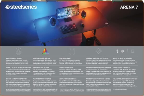 SteelSeries Arena 7 - Illuminated 2.1 Gaming Speakers – 2-Way Speaker Design – Powerful Bass, Subwoofer – USB, Aux, Optical, Wired – Bluetooth – PC, PlayStation, Mobile, Mac - UK Plug - Image 13