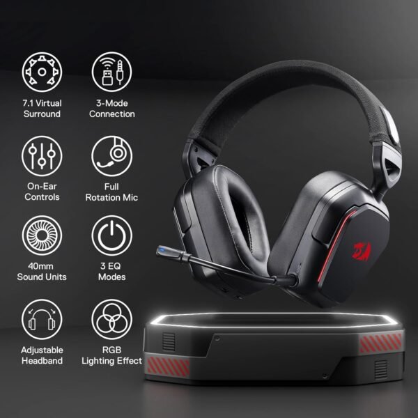Redragon H868 3-Mode Wireless RGB Gaming Headset, 7.1 Surround Sound, 40 mm Drivers, Leather Foam Ear Pads, Noise-canceling Microphone, Over-Ear Headphones Works for Mobile, PC/PS5/XBOX/NS - Image 9