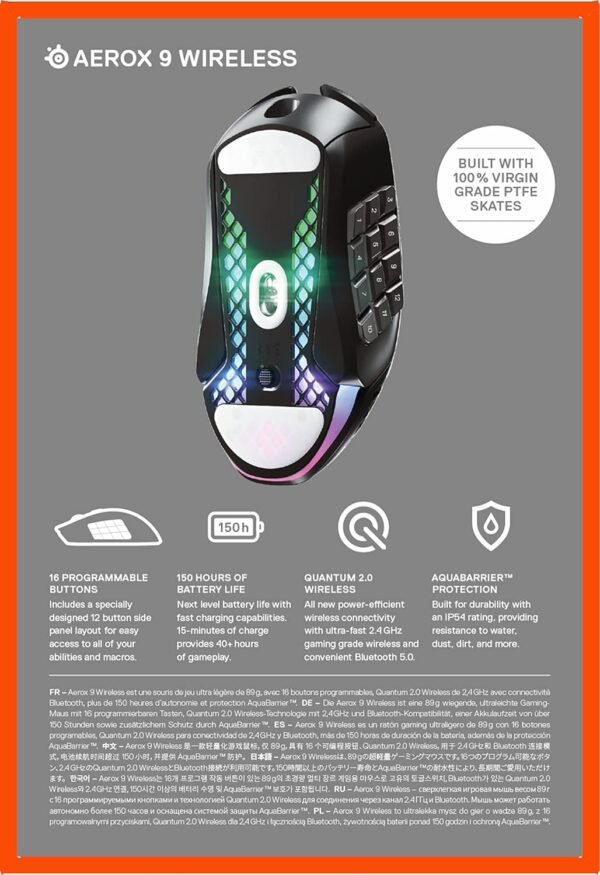 SteelSeries Aerox 9 Wireless - Holey RGB Gaming Mouse - Ultra-lightweight Water Resistant Design - 18 Programmable Buttons - Lag-free 2.4GHz / Bluetooth Wireless - 18K DPI TrueMove Air Optical Sensor - Image 16