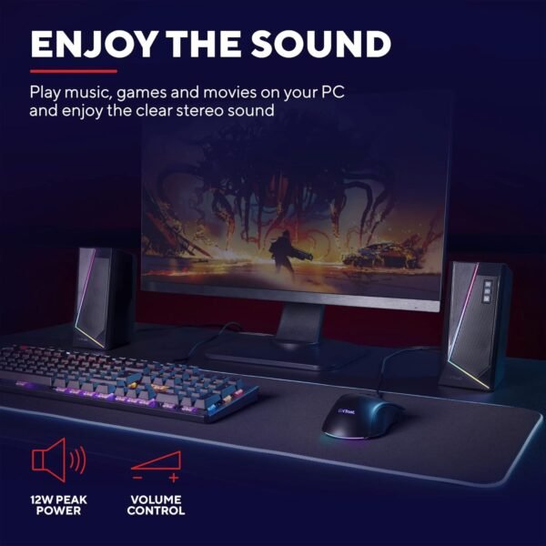 Trust Gaming GXT 609 Zoxa 2.0 PC Speakers, 12 W Peak Power, RGB Illuminated Set, USB Powered Sound System, 3.5 mm Aux, Volume Control, Stereo Computer Speakers for Desktop and Laptop - Black - Image 2